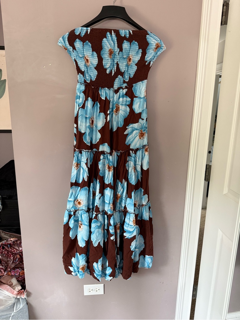 Strapless Brown Maxi Dress with Blue Floral Print